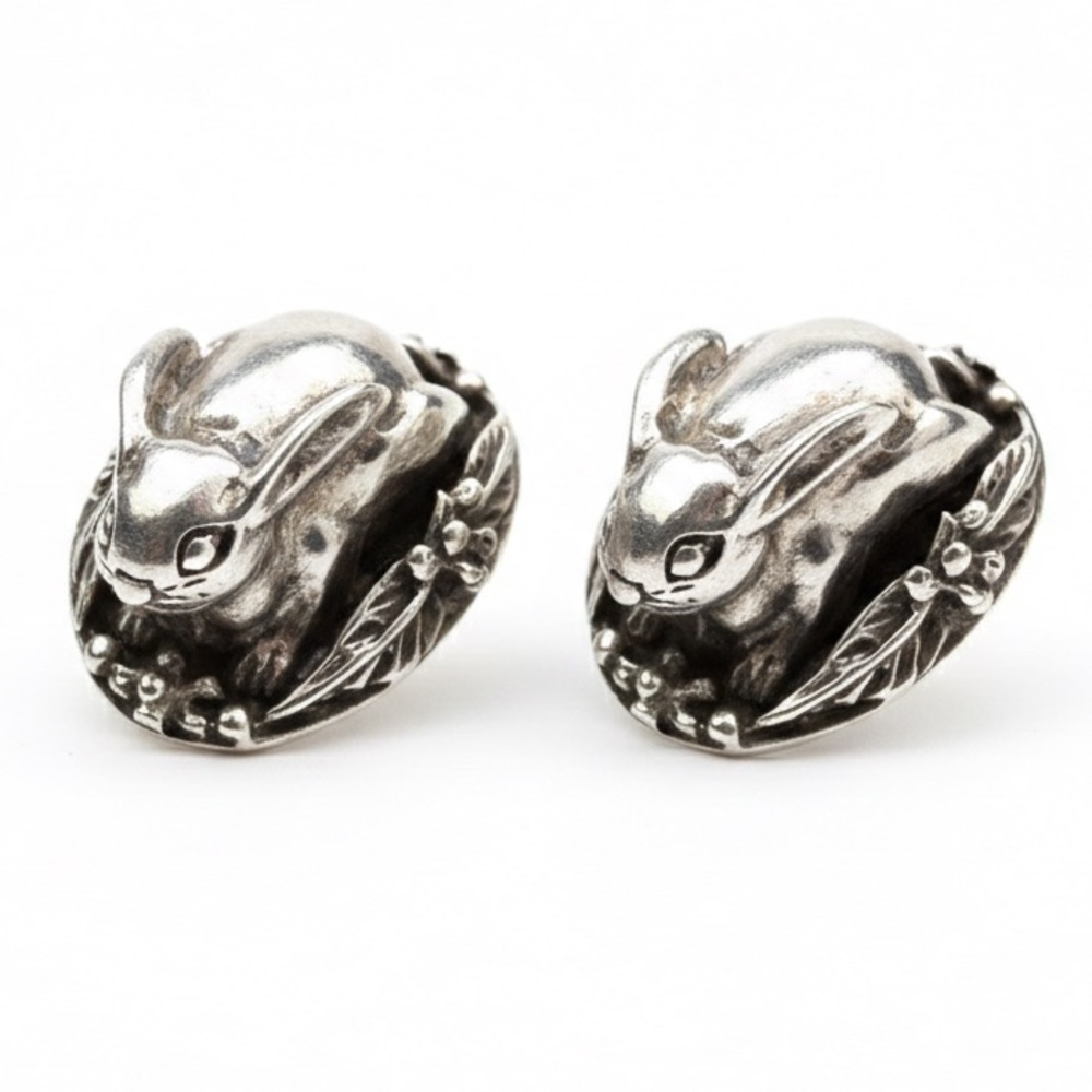 Rare 1996 Carol Felley Style Sterling Silver Bunny in Floral Basket Earrings 16g